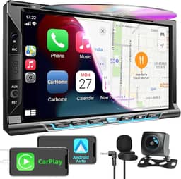 Estéreo automotivo Double Din com leitor de CD/DVD, Apple CarPlay/Android Auto 17.8 cm, rádio duplo din com câmera de reserva, link espelhado, Bluetooth, receptor de rádio AM FM, SWC, subwoofer, USB