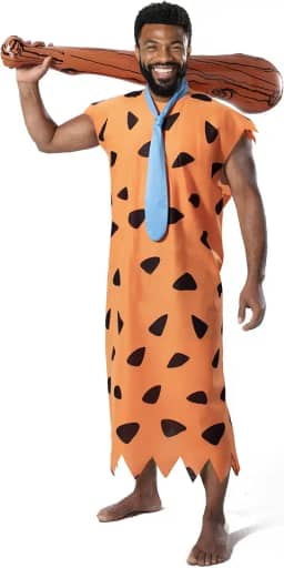 Fantasia masculina de Fred do homem das cavernas com túnica de homem das cavernas e gravata e morcego da caverna – Fantasia divertida de festa de Halloween combinando para a família