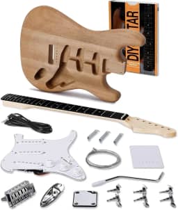 VEDO Kit de guitarra elétrica ST para montar, corpo em mogno/braço em maple, guitarra elétrica de 6 cordas, kit de guitarra DIY, escala em pau-roxo, captadores SSS, guitarra estilo ST para iniciantes