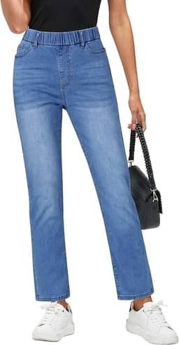 Jeans de perna reta para mulheres, moderno, sem fecho, cintura alta, cropped, cintura elástica, jeans de tornozelo