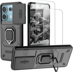 Capa para Redmi Note 13 Pro 5G e Xiaomi Poco X6 5G Capinha - com [2 peças] protetor de tela de vidro temperado tampa deslizante da câmera e suporte para anel de dedo