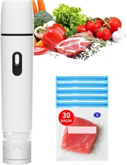 Seladora Vácuo Portátil Automática Bivolt, Kit com 30 Sacos Reutilizáveis para Carnes, Frutas e Legumes, Embaladora a Vácuo Doméstica para Conservar Alimentos Frescos (1 seladora & 30 sacos)