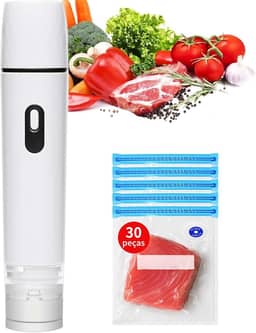 Seladora Vácuo Portátil Automática Bivolt, Kit com 30 Sacos Reutilizáveis para Carnes, Frutas e Legumes, Embaladora a Vácuo Doméstica para Conservar Alimentos Frescos (1 seladora & 30 sacos)