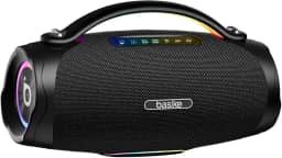 Caixa de Som Bluetooth Portátil 200W, Basike Boombox V97 Pro com Powerbank, IPX6 À Prova D'água e Resistente À Poeira, Luz RGB Surround, Tecnologia TWS, 8h de Autonomia, EQ/TWS/TF/AUX