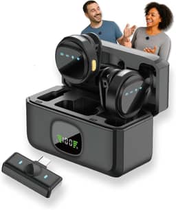 Microfone de Lapela Sem Fio Tipo C Kit Duplo com Case de Carregamento | Compatível com iPhone 15/16 Android USB-C e Notebooks | IA Antirruído | TikTok, Podcast, Gravações, Vídeo Aulas Online (Preto)