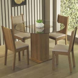 Conjunto Sala de Jantar Madesa Débora Mesa Tampo de Vidro Redondo 4 Cadeiras - Rustic/bege