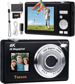 Câmera digital, câmera para vlogs, câmera fotográfica 48MP 4K - Câmera digital compacta com tela dupla, cartão de 32 GB, zoom digital de 16x e estabilizador de imagem para e iniciantes. (preto)
