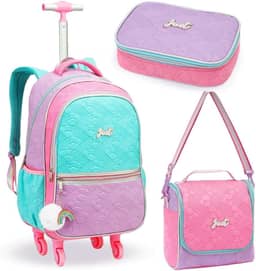 Kit Escolar para Meninas, Mochila com Rodinhas + Estojo com Divisórias + Lancheira Térmica com Alça Transversal, Colorido, Feminino, Infantil, Juvenil, para Aulas