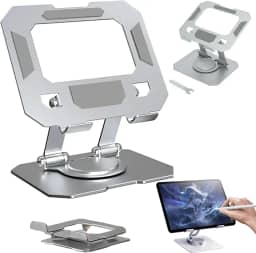 Suporte para Tablet Metal MTS • Aço Carbono Resistente • Apoio para Mesa • Pedestal Portátil Dobrável Articulado Base Rotativa 360º Design Moderno Ajustável até 13" • Antiderrapante Amplo Compatível