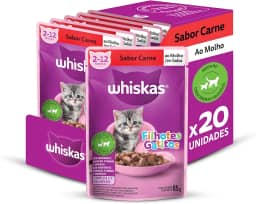 Pack Ração Úmida Whiskas para Gatos Filhotes, Sachê Carne ao Molho, 85g - 20 unidades