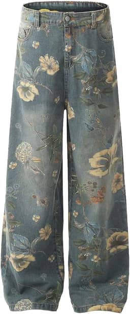 Streetwear Calça jeans floral folgada perna larga Street Y2k calças jeans