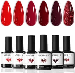 Modelones Conjunto de esmalte em gel - 6 cores clássicas vermelhas gel de imersão em gel vermelho com glitter para arte de unhas, manicure, faça você mesmo, esmalte, salão, LED, unhas de gel, dia dos namorados, ano novo, presentes para mulheres