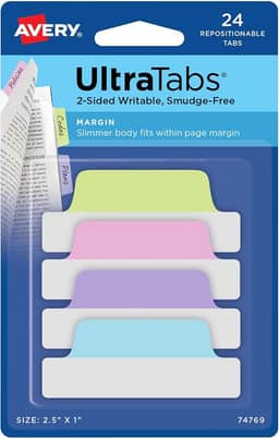 Avery Margin Ultra Tabs, 24 abas adesivas reposicionáveis, 6,3 cm x 2,5 cm, marcadores de página graváveis de 2 lados em cores pastel sortidas, 1 pacote (74769)