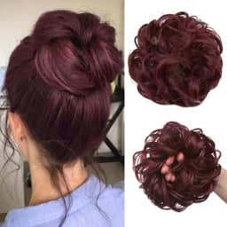 Pedaços de cabelo bagunçados para coque de cabelo, ondulado, cacheado, sintético, rabo-de-cavalo, para mulheres, vinho