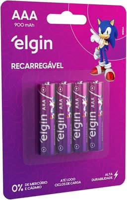 Pilha Recarregável Ni-MH AAA-900mAh blister com 4 pilhas, Elgin, Baterias, 82169