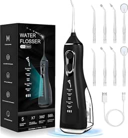 Irrigador Bucal & Oral Portátil Recarregável - Limpeza Profunda com 5 Níveis de Pressão, 8 Ponteiras, Tanque 300ml, À Prova d’Água - Jato Dental Ideal para Aparelhos Ortodônticos, Implantes e Gengivas