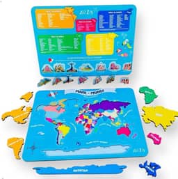 Quebra Cabeça Infantil Mapa Múndi De Madeira Com As 7 Maravilhas Do Mundo