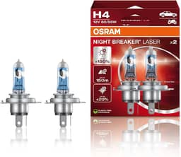 OSRAM NIGHT BREAKER LASER H4, +Lâmpada de farol de halogêneo 150% mais brilhante, 64193NL-HCB, 12V, caixa dobrável suspensa (2 lâmpadas) (branca/amarela)
