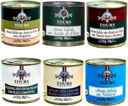 KIT 6 Atum em Lata Tours Conservas em Azeite, Tomate Seco, Alcaparras, Óleo Comestível, Ralado e Natural 255g cada