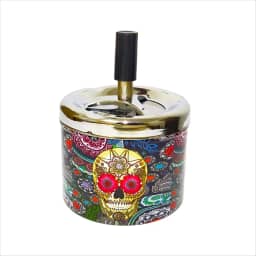 Cinzeiro Metal C/Tampa Anti-Cheiro Giratória Redondo À Prova De Vento 9x7,5cm Fechado Automático Estampas Caveiras Mexicanas Premium (Golden Skull)
