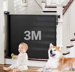 3m Portão Grade Retrátil de Proteção para Bebês e Cachorros, Portaozinho de Escada Instalação Sem Furos, Trava Dupla,Operação com uma mão,Portao Segurança Bebê Pet, Cercado para Cachorros(preto)