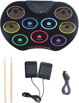 Conjunto de bateria eletrônica siwoted, portátil, fácil de tocar, pedais de enrolar, baquetas para crianças