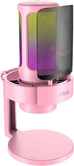 FIFINE streaming USB Microfone para jogos, mic condensador de computador para vídeo, YouTube,com controle RGB, botão de ganho,conector de fone ouvido 3,5 mm,compatível com computador/PS4/PS5-A8 rosa