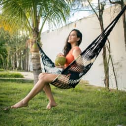 Rede de Dormir Fibra de Coco, Ecológica, Sustentável, para Ambientes Abertos, Relaxante para Casa, Escritório, Praia, Camping, Viagem, Ioga (Preto com Bege)