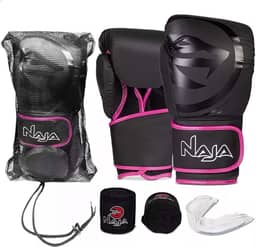 Luva de Boxe e Muay Thai Naja Black Line - 1 Par de luva + 1 Par de Bandagem Elástica + 1 Protetor Bucal