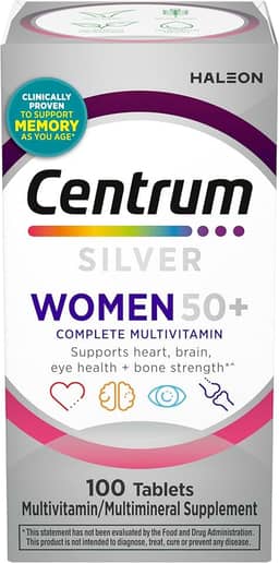 Centrum Multivitamínico feminino Silver 50 Plus, suplemento multivitamínico/multimineral com vitamina D3, vitaminas B, ingredientes não OGM, auxilia na memória e cognição em adultos mais velhos - 100
