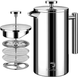 Cafeteira de Prensa Francesa de Aço Inoxidável de 700 ml com Filtro de 4 Estágios e Isolamento Duplo (Prata)