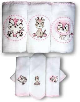 Kit SAFARI com 6 Fraldas De Pano Bordadas (3 De Ombro + 3 De Boca) (ROSA)