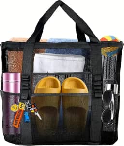Bolsa de praia de malha extragrande, bolsa dobrável leve com vários bolsos para viagem à praia em família, piscina, viagem, preta