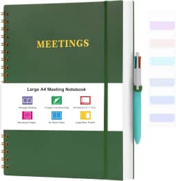 Meeting Notebook for Work, Notebooks for Work 8.5" x 11", Professional Meeting Notes Notebook for Women Men, Large Spiral Notebook with Numbered Page, Sticky Tabs, PVC Pockets for Organization, Green