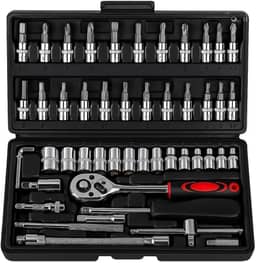Kit de Ferramentas 46 Peças – Chave Catraca 1/4", Soquetes, Allen, Torx, Bits, Extensões e Estojo Portátil – Para Reparos Automotivos, Manutenção, Oficina e Uso Doméstico