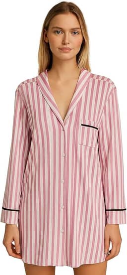 Camisola Algodão Feminina Americana Manga Longa com Botões Inverno Adulto indicado Gestante Amamentação e Pós cirúgico – Branco Listrado rosa