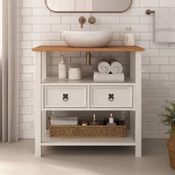 IDIMEX Gabinete Banheiro em Madeira Balcão Armário com Tampo 2 Gavetas e Nichos Tequila cor Branco Freijó 80 cm