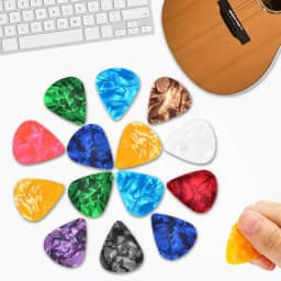 Pacote com 15 palhetas de guitarra, 0,5/0,75/1,0 mm, inclui espessura fina média pesada, palhetas de celuloide coloridas variadas para guitarra acústica, guitarra elétrica, baixo