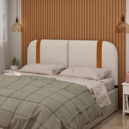Cebeceira Orgânica SLIM Para Cama Box QUEEN Estofada em Linho Bege Com Detalhe em Couro Ecológico 160cmx55cm