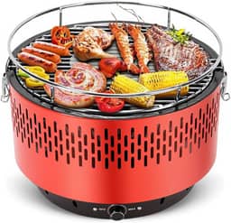 Portatil Churrasqueira Carvao, Table Grill, Adequado para Carvão sem Fumo, Braseiro Esmaltado, Churrasqueira de Mesa, Grelha Removível de 34,5 cm, Ajuste Preciso da Temperatura, Vermelho