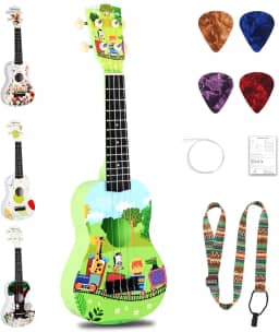 RANMING Ukulele Ukulele de 53 cm para iniciantes kit de iniciante ukulele de 4 cordas com alça, palhetas, cordas de carbono uku de plástico portátil para educação musical, uso ao ar livre, viagens