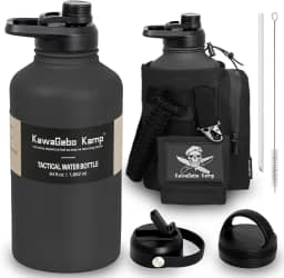KawaGebo Kamp Garrafa de água tática de 1,8 litro com canudo - Jarro de água de aço inoxidável de 1,8 l com 3 tampas, alça de paracord, sistema Molle