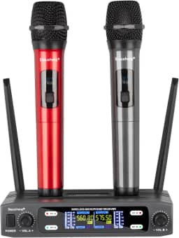 Depusheng Sistema de microfone sem fio, conjunto sem fio de frequência dupla fixa VHF com 2 transmissores dinâmicos portáteis conjunto de microfones sem fio para cantar, karaokê, igreja, DJ, alcance