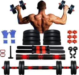 Kit Halteres 6 em 1 Peso Musculação até 15kg Ajustável Preto - Multifuncional com Barra e Kettlebell