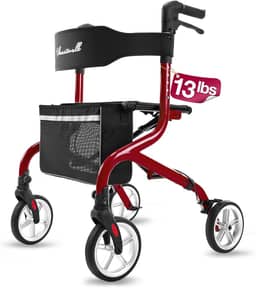 Super Leve Rollator Walker para viajar, Walker dobrável com assento e rodas de borracha de 8 "para todo o terreno, design de alumínio exclusivo Walkers Sturdy Walkers para idosos - vermelho