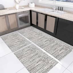 Tapete Kit de Cozinha Antiderrapante 3 Peças Mesclado Geométrico Conjunto Passadeira 1,30m x 45cm Capacho 65cm x 45cm Jogo Artesanal Cru Caramelo Preto (Riscato Preto)