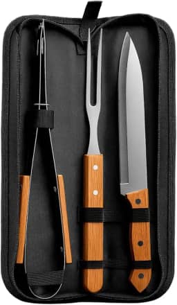 Kit De Churrasco Churasqueiro Faca Garfo e Pegador Com Esojo Conjunto 3 Pçs Cabo De Madeira