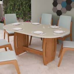 Mesa de Jantar Oval 6 Lugares em MDF Base Fixa e Tampo Amplo para Sala de Jantar ou Cozinha (Off White)
