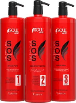 Kit SOS Tratamento Capilar Profissional Reconstrução Cauterização Antiemborrachamento Pós-Química Soul Care - Shampoo, Reconstrutor e Máscara (1l)