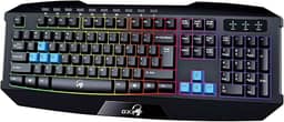 Teclado Gamer Genius Scorpion K215 (USB/Tecla côncava/Multimídia/Resistente à Respingos/Iluminação Rainbow 7 cores/Cabo 1,5m)